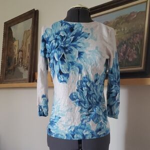 Talbots 100% Cashmere White and Blue Floral Top
